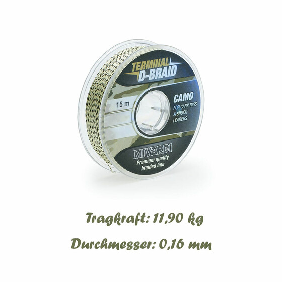 15 m Karpfen Vorfachschnur geflochten camou 0,16 mm